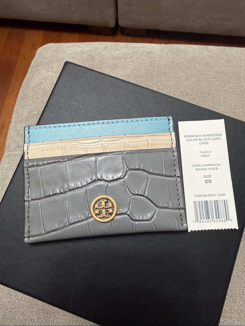 Tory Burch Gray Embossed Croc Card Case with Blue and Sand Slots